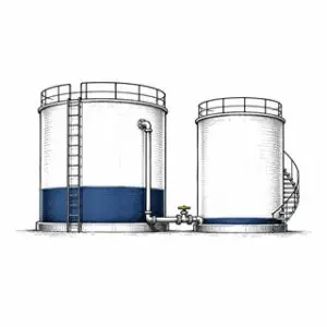 Pen-and-ink drawing of two fuel storage tanks with low blue levels