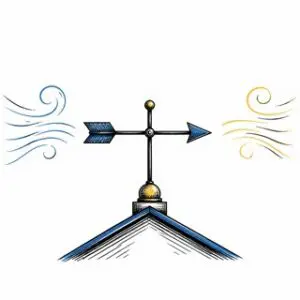 Pen-and-ink weather vane between blue and yellow gusts