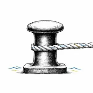 Pen-and-ink dock bollard holding a taut rope