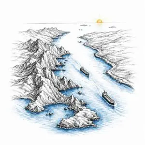 Pen-and-ink view of the Strait of Hormuz with two tankers