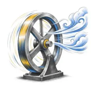 Pen-and-ink drawing of an industrial flywheel turning into blue wind