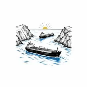 Pen-and-ink drawing of two oil tankers in a narrow blue channel at sunrise
