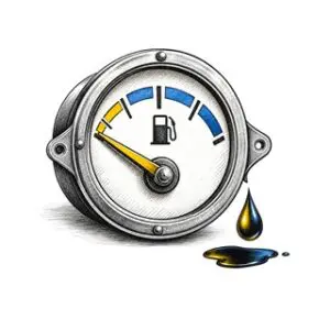Pen-and-ink fuel gauge near empty beside an oil droplet