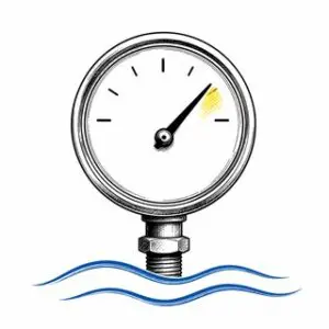 Pen-and-ink pressure gauge above two blue wave lines