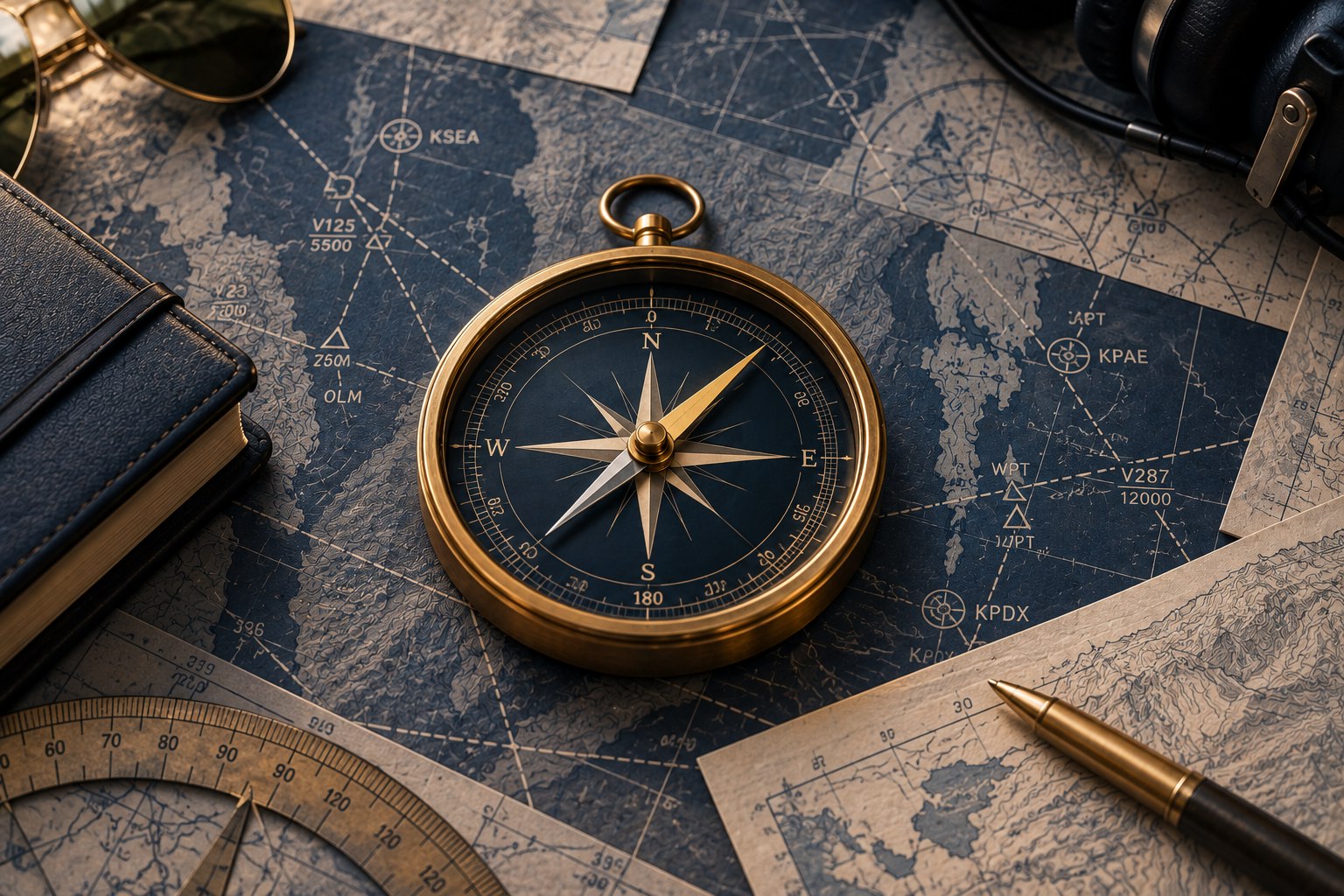 A brass navigation compass resting on overlapping aviation flight charts.