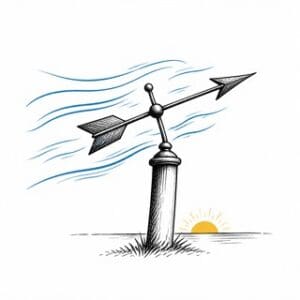 Pen-and-ink weather vane in blue wind with a yellow sunrise