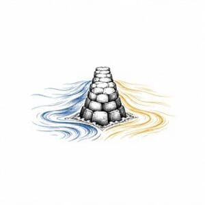 Pen-and-ink breakwater between blue and yellow currents