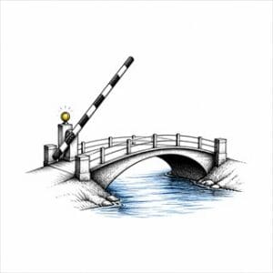 Pen-and-ink bridge with a raised barrier, blue water and a yellow signal lamp
