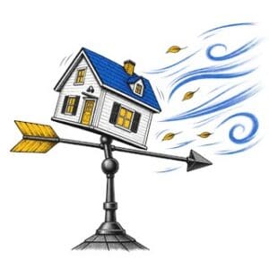 Pen-and-ink house-shaped weather vane leaning into blue wind