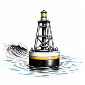 Pen-and-ink buoy with a receding wave and blue and yellow accents