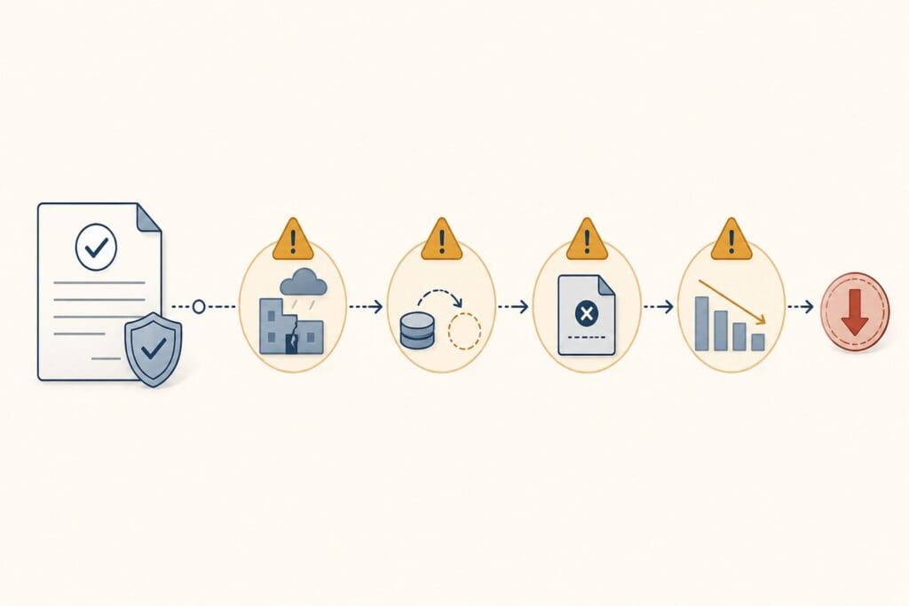 A healthy loan document passing through four warning stages before a declining dividend symbol