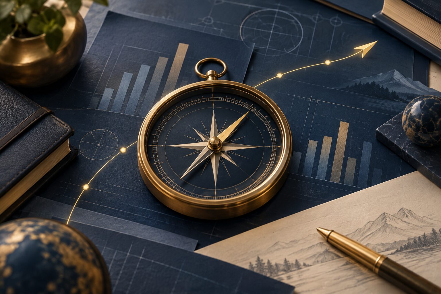 Brass navigation compass and abstract research papers representing disciplined portfolio selection.