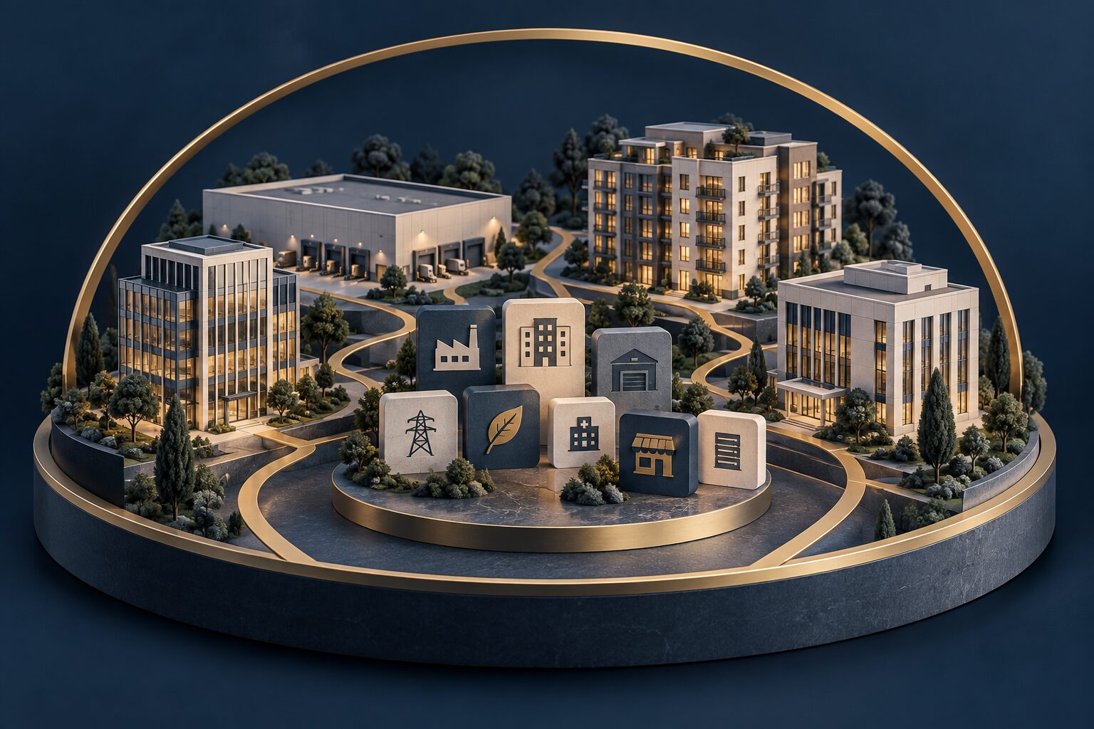 Illustrated buildings and portfolio tiles connected by gold paths, representing a diverse income-investment universe.